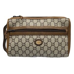 Vintage Gucci Plus GG Monogram Clutch Brown Leather Trim Pouch Bag Made in Italy